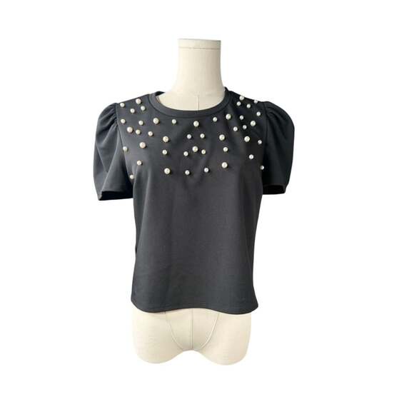 BCBGeneration Tops - BCBGeneration Black Short Puff Sleeve Pearl Embellished Top Sz. M